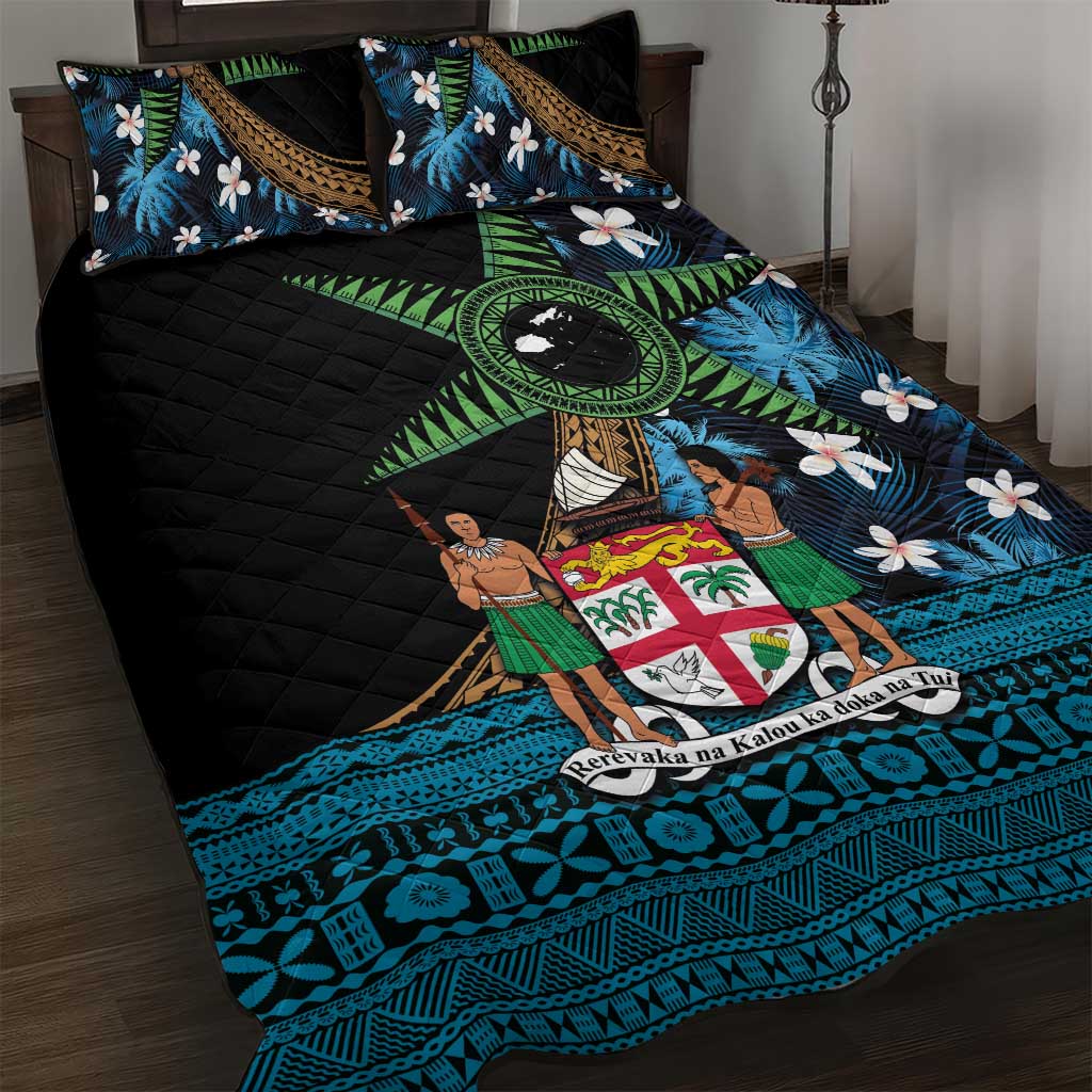 Fiji Day Quilt Bed Set Palm Tree With Plumeria Tapa Tribal Pattern LT03 Blue - Polynesian Pride