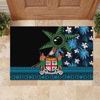 Fiji Day Rubber Doormat Palm Tree With Plumeria Tapa Tribal Pattern LT03 Blue - Polynesian Pride