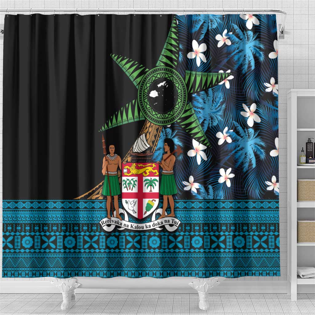 Fiji Day Shower Curtain Palm Tree With Plumeria Tapa Tribal Pattern