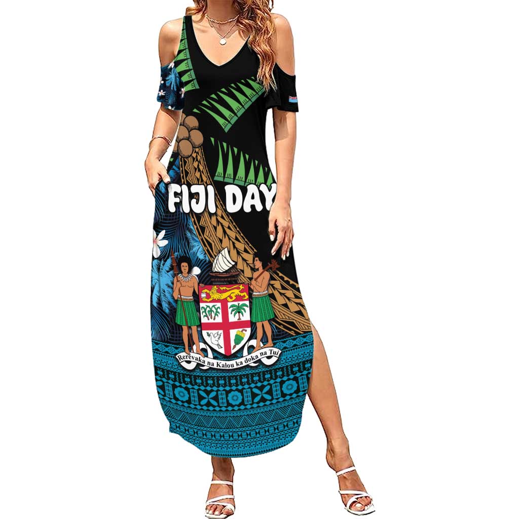 Fiji Day Summer Maxi Dress Palm Tree With Plumeria Tapa Tribal Pattern