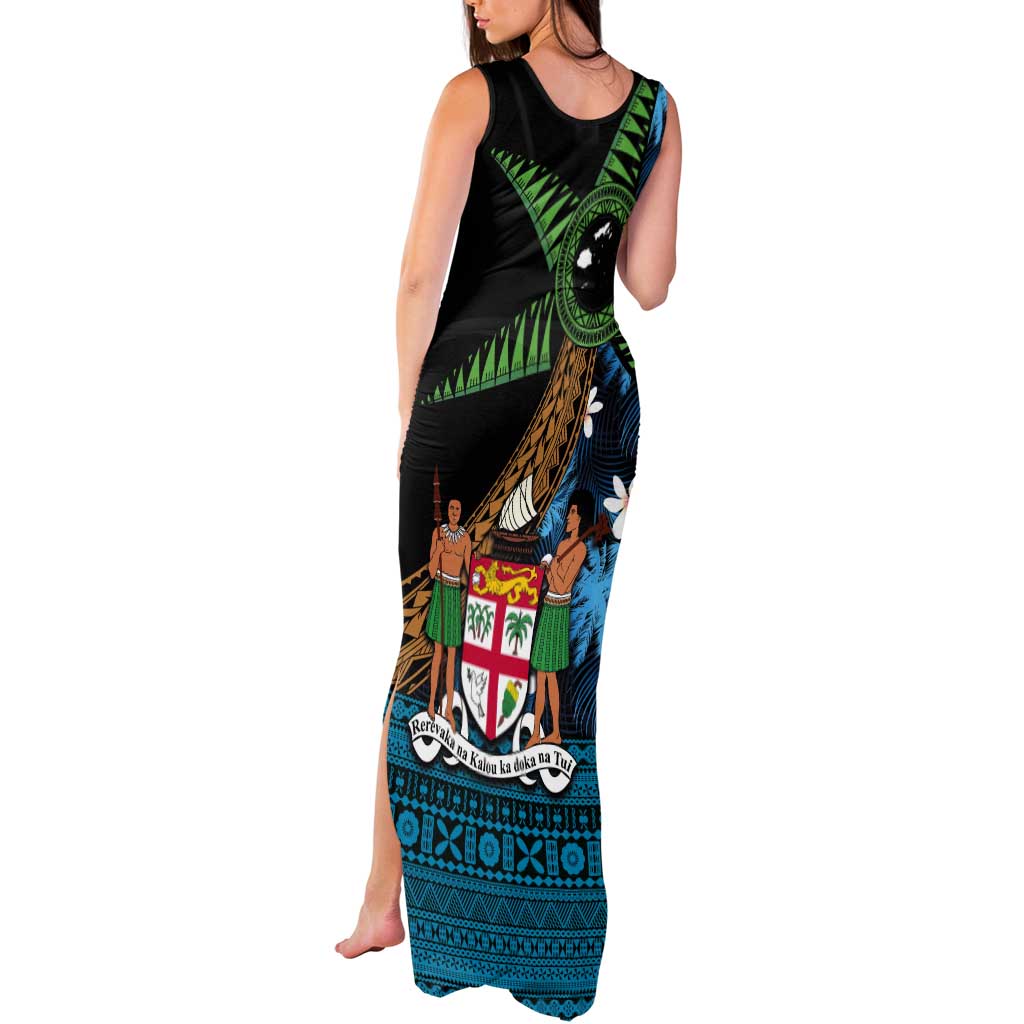 Fiji Day Tank Maxi Dress Palm Tree With Plumeria Tapa Tribal Pattern