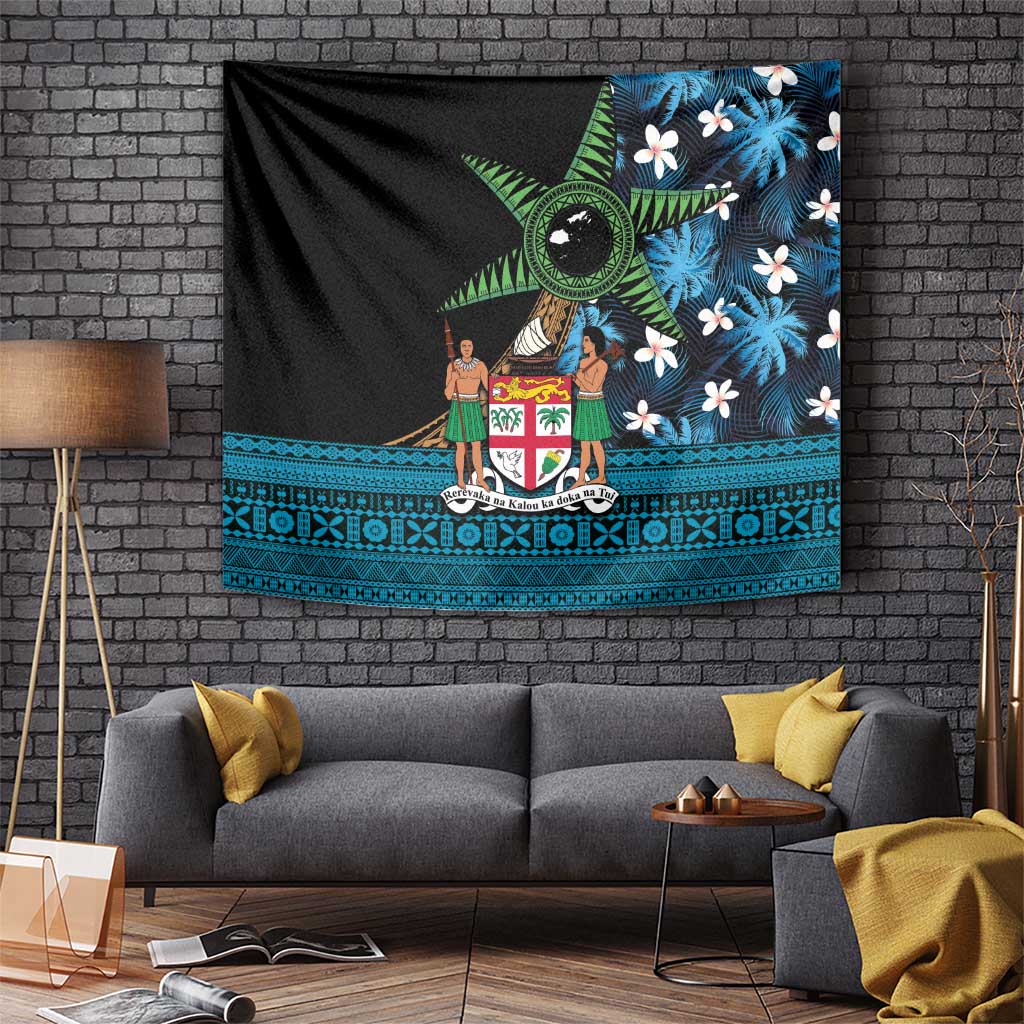 Fiji Day Tapestry Palm Tree With Plumeria Tapa Tribal Pattern