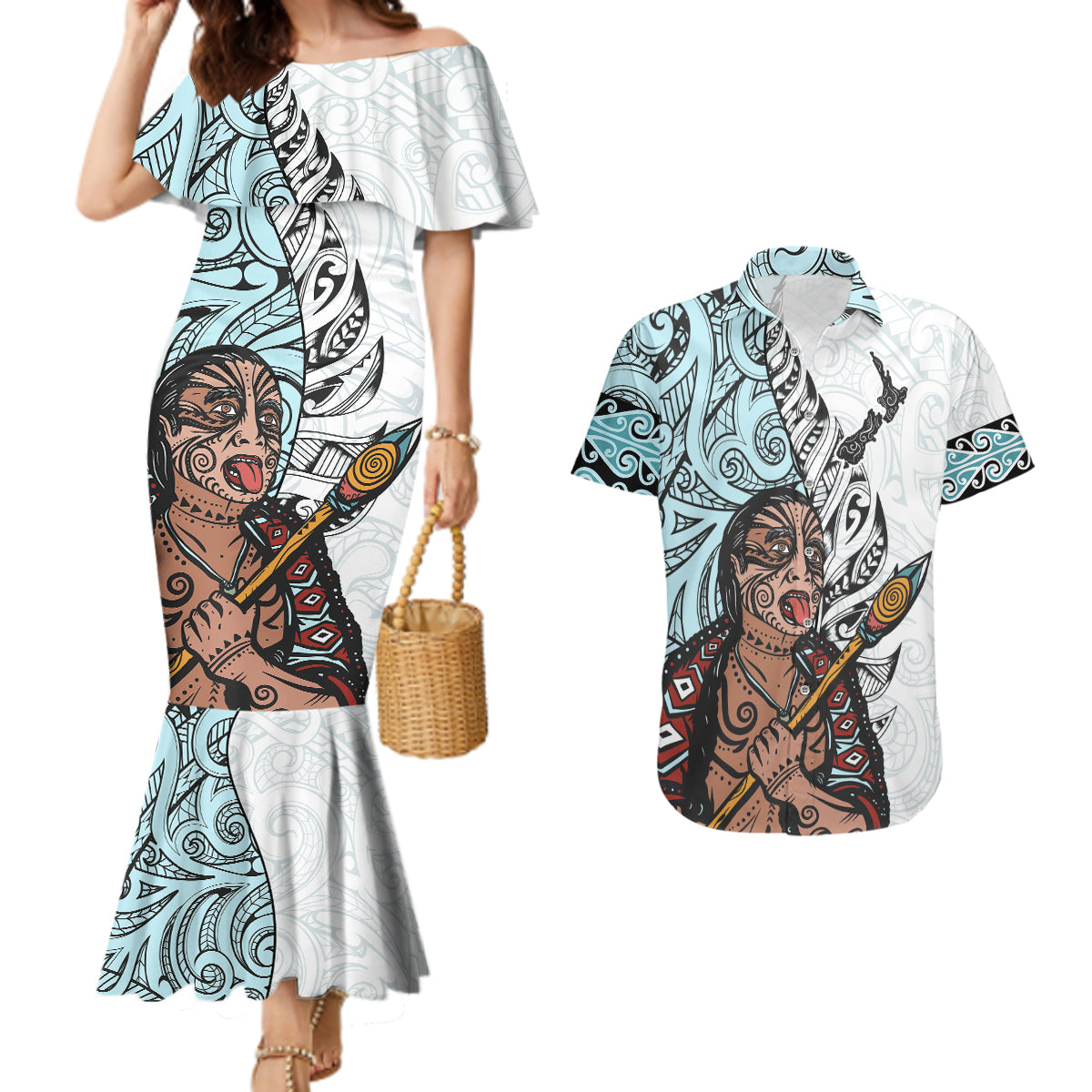 Maori Warrior Couples Matching Mermaid Dress and Hawaiian Shirt Silver Fern New Zealand Map With Kowhaiwhai Pattern LT03 Blue - Polynesian Pride