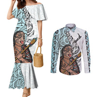 Maori Warrior Couples Matching Mermaid Dress and Long Sleeve Button Shirts Silver Fern New Zealand Map With Kowhaiwhai Pattern LT03 Blue - Polynesian Pride