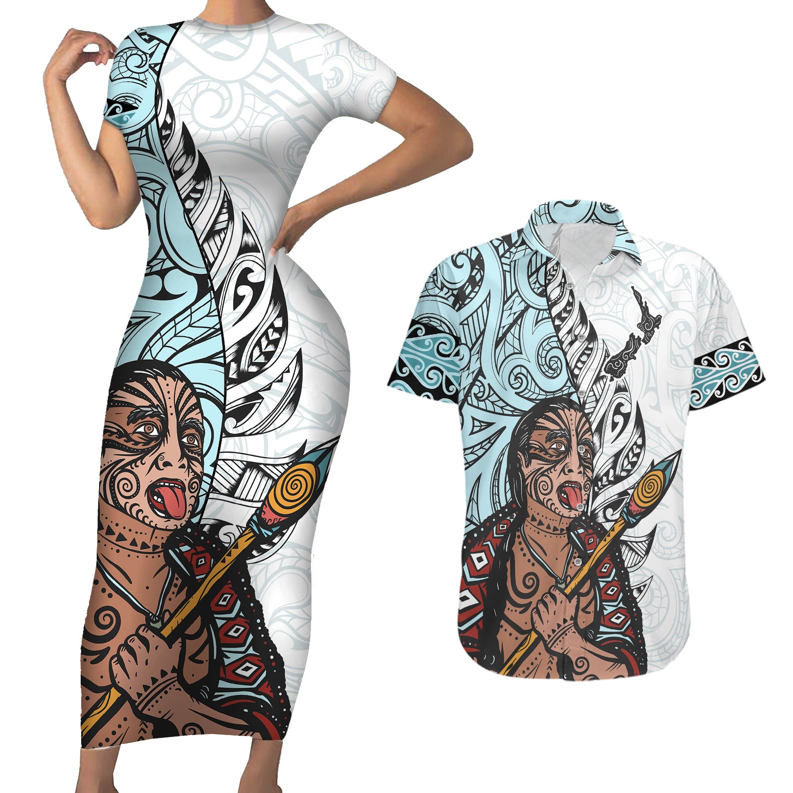 Maori Warrior Couples Matching Short Sleeve Bodycon Dress and Hawaiian Shirt Silver Fern New Zealand Map With Kowhaiwhai Pattern LT03 Blue - Polynesian Pride