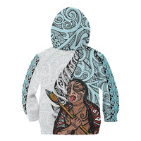 Maori Warrior Kid Hoodie Silver Fern New Zealand Map With Kowhaiwhai Pattern LT03 - Polynesian Pride