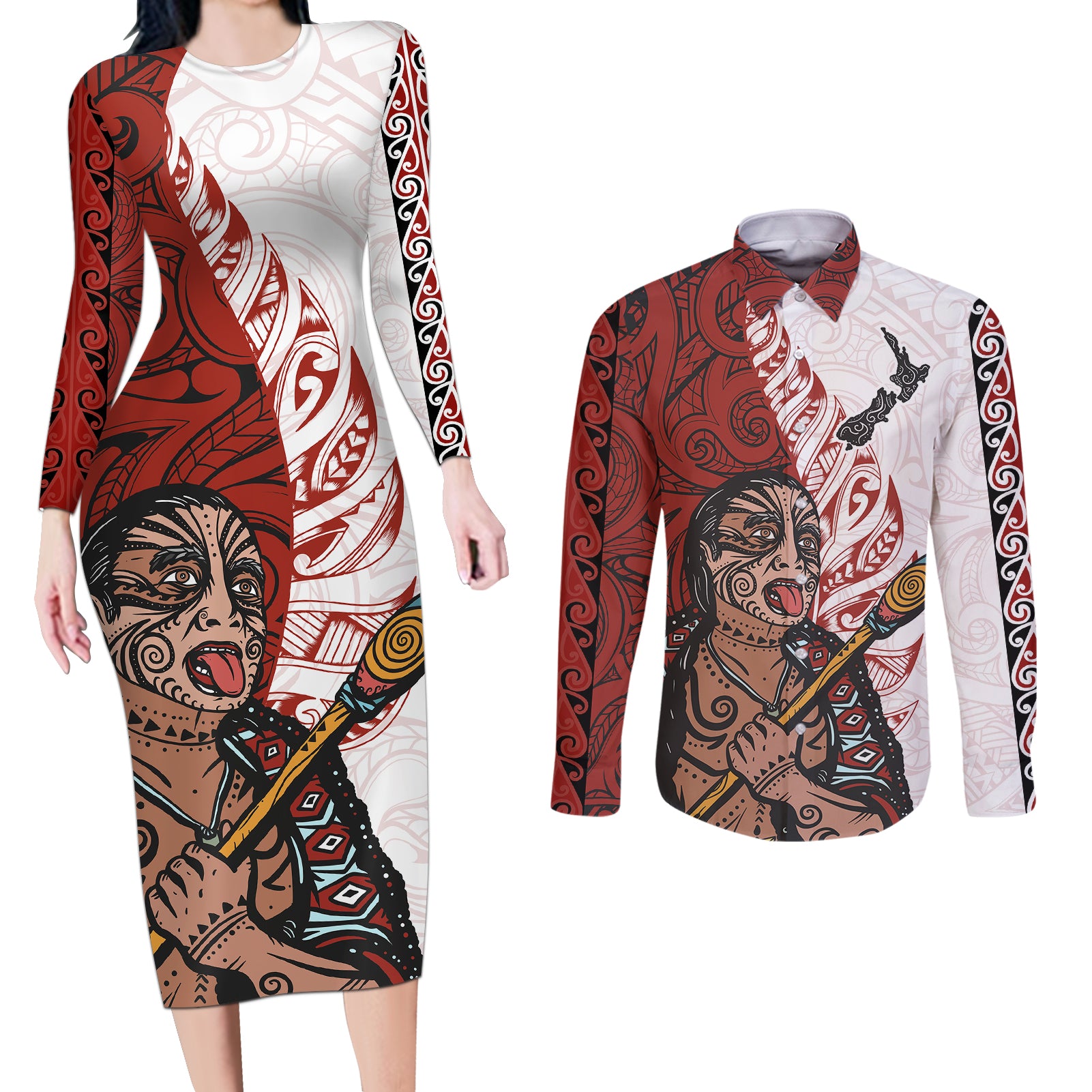 Maori Warrior Couples Matching Long Sleeve Bodycon Dress and Long Sleeve Button Shirts Silver Fern New Zealand Map With Kowhaiwhai Pattern LT03 Red - Polynesian Pride