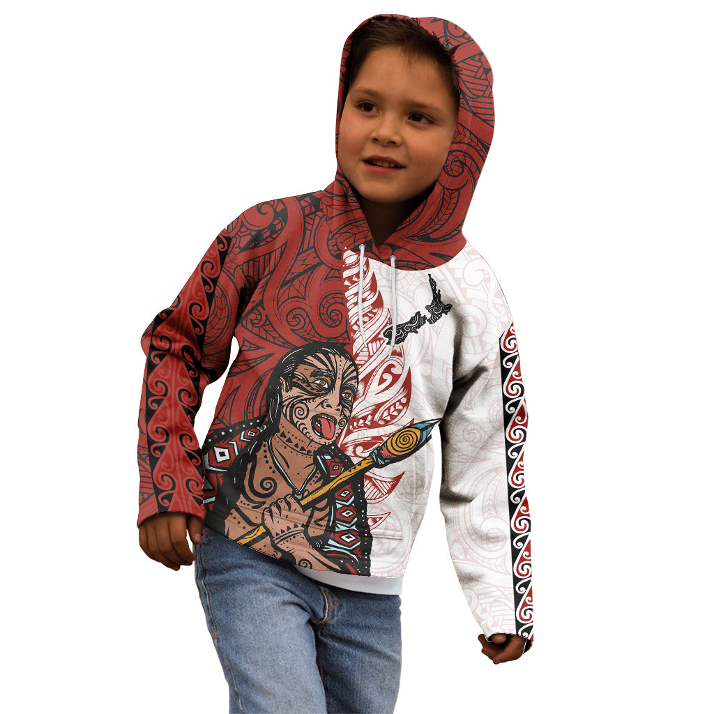 Maori Warrior Kid Hoodie Silver Fern New Zealand Map With Kowhaiwhai Pattern LT03 - Polynesian Pride