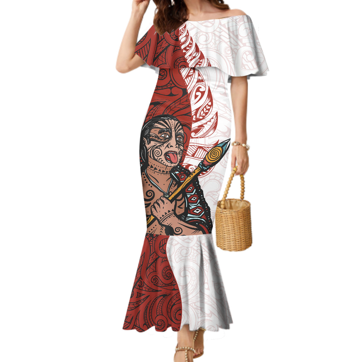 Maori Warrior Mermaid Dress Silver Fern New Zealand Map With Kowhaiwhai Pattern LT03 Women Red - Polynesian Pride