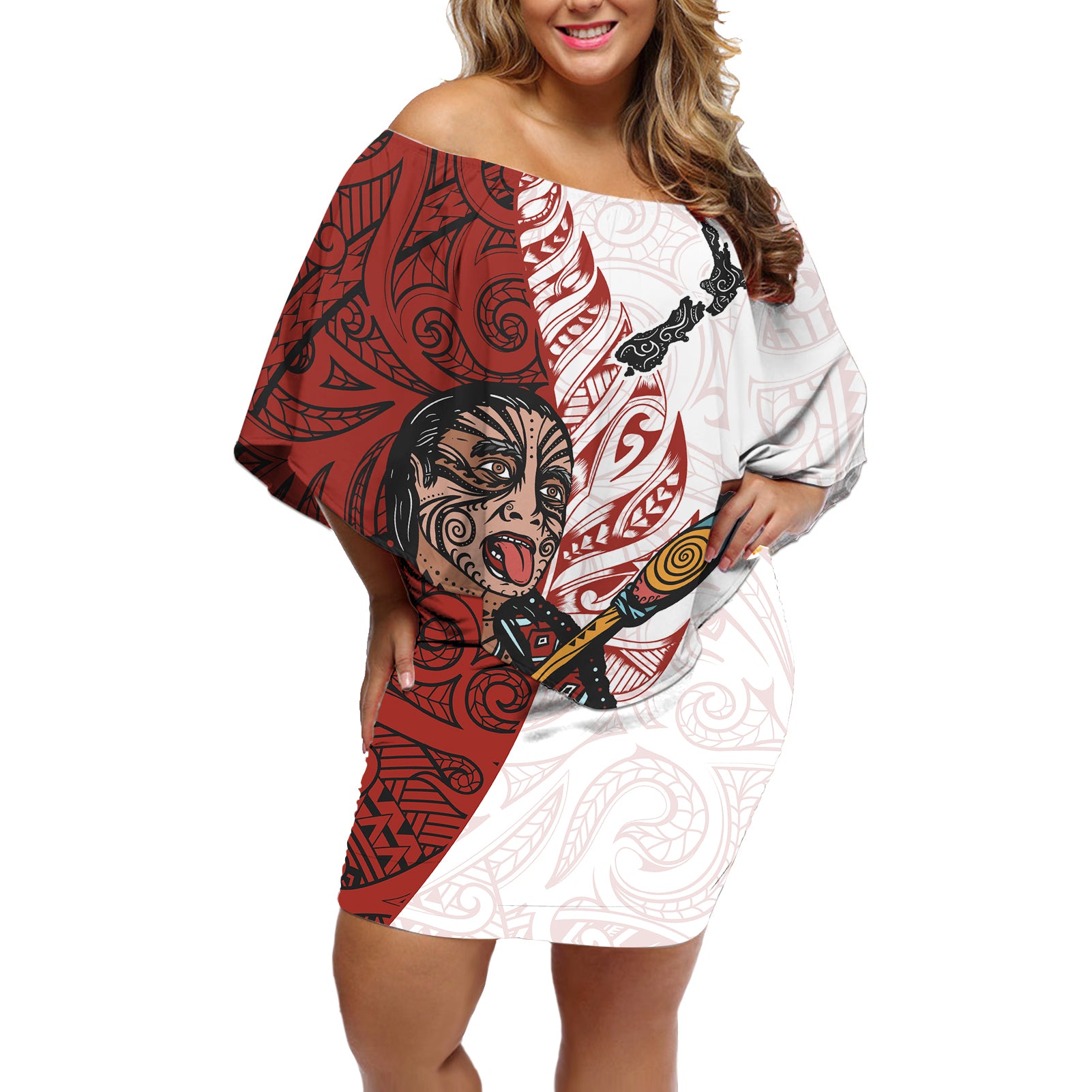 Maori Warrior Off Shoulder Short Dress Silver Fern New Zealand Map With Kowhaiwhai Pattern LT03 Women Red - Polynesian Pride