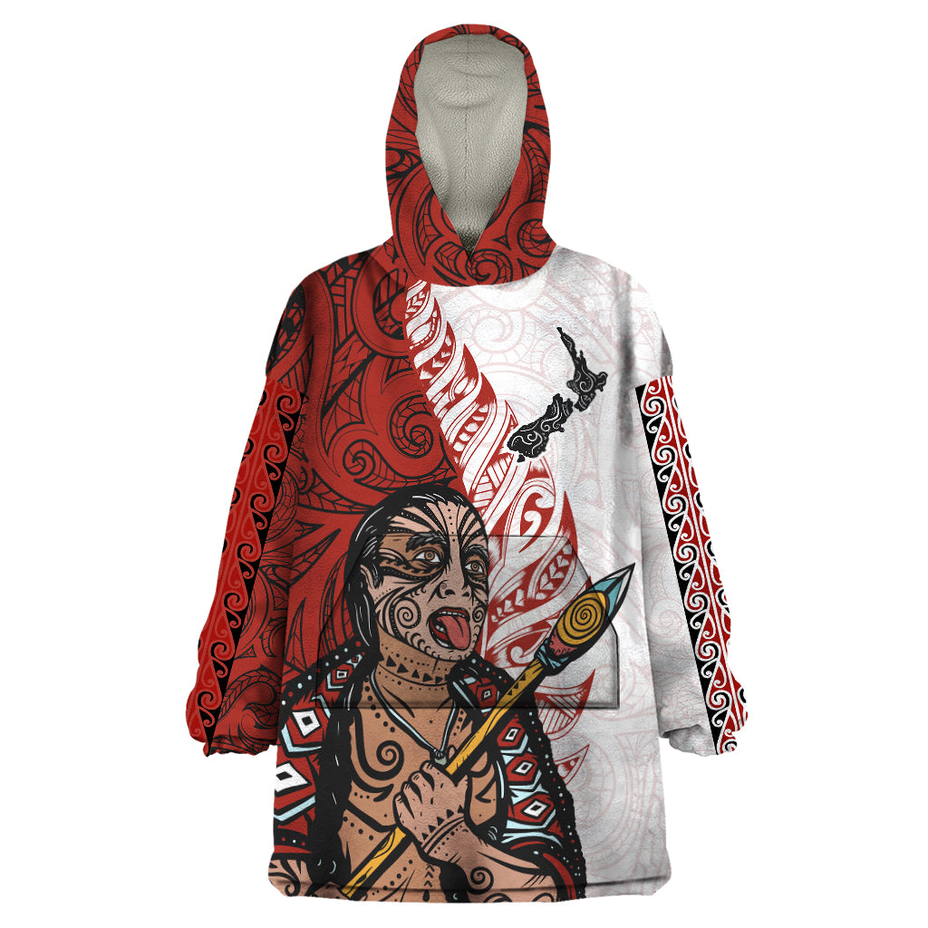 Maori Warrior Wearable Blanket Hoodie Silver Fern New Zealand Map With Kowhaiwhai Pattern LT03 One Size Red - Polynesian Pride