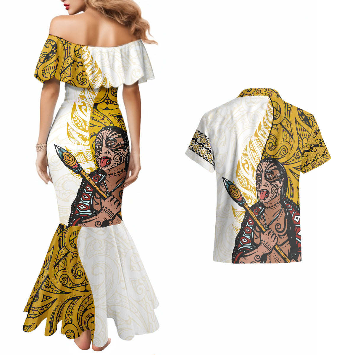 Maori Warrior Couples Matching Mermaid Dress and Hawaiian Shirt Silver Fern New Zealand Map With Kowhaiwhai Pattern LT03 - Polynesian Pride