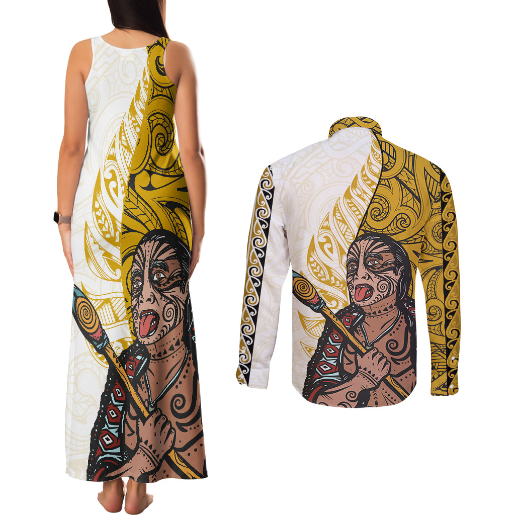 Maori Warrior Couples Matching Tank Maxi Dress and Long Sleeve Button Shirts Silver Fern New Zealand Map With Kowhaiwhai Pattern LT03 - Polynesian Pride