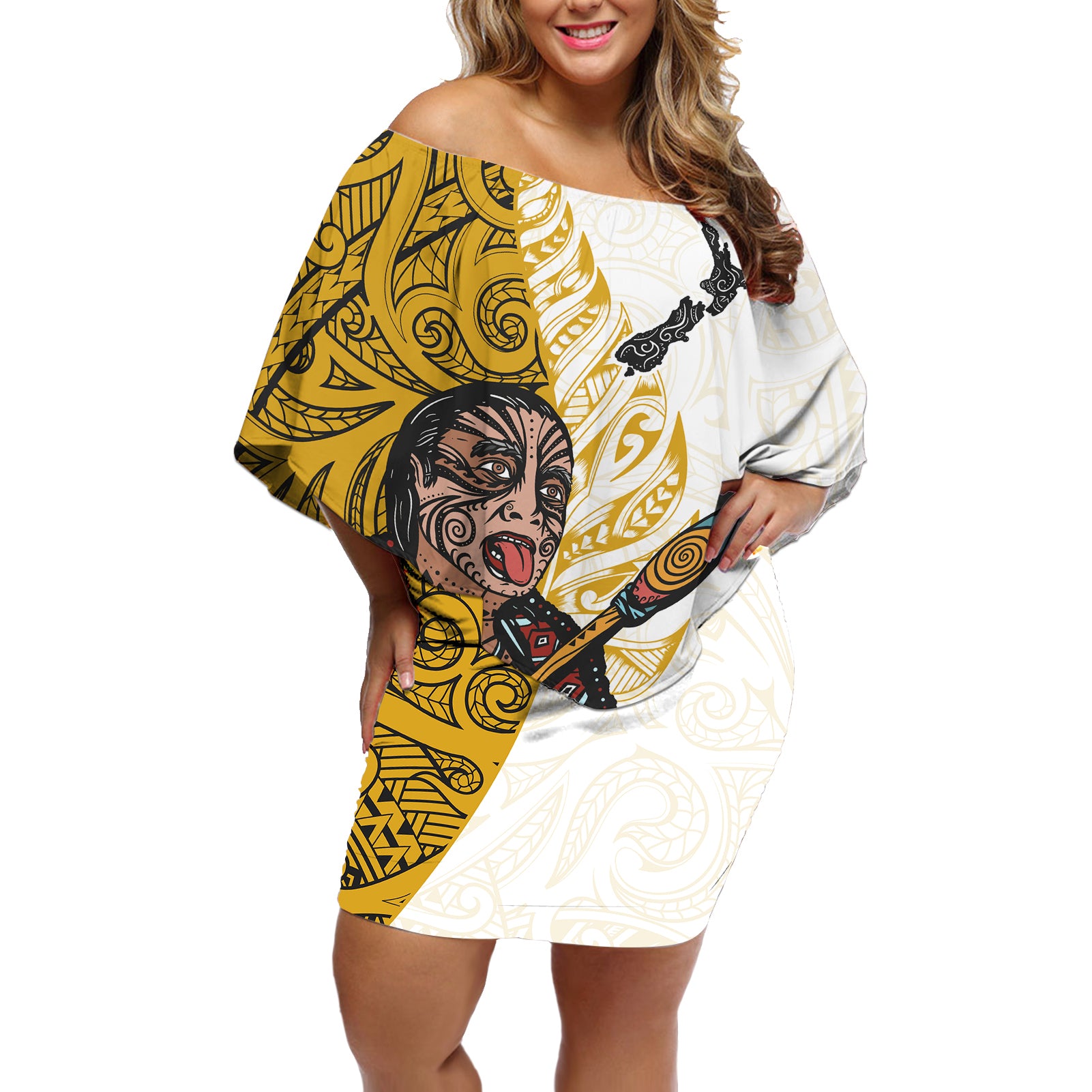 Maori Warrior Off Shoulder Short Dress Silver Fern New Zealand Map With Kowhaiwhai Pattern LT03 Women Gold - Polynesian Pride