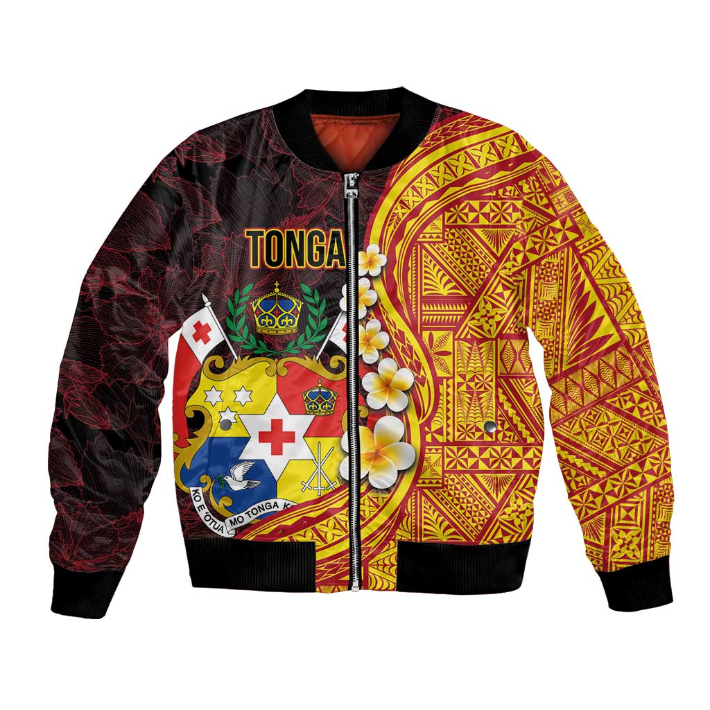 Tonga Culture Bomber Jacket Ngatu Pattern with Plumeria and Hibiscus