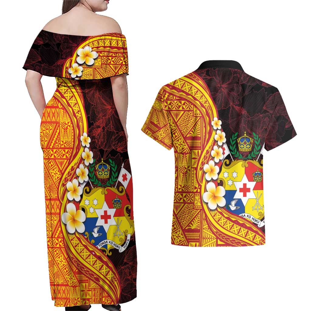 Tonga Culture Couples Matching Off Shoulder Maxi Dress and Hawaiian Shirt Ngatu Pattern with Plumeria and Hibiscus