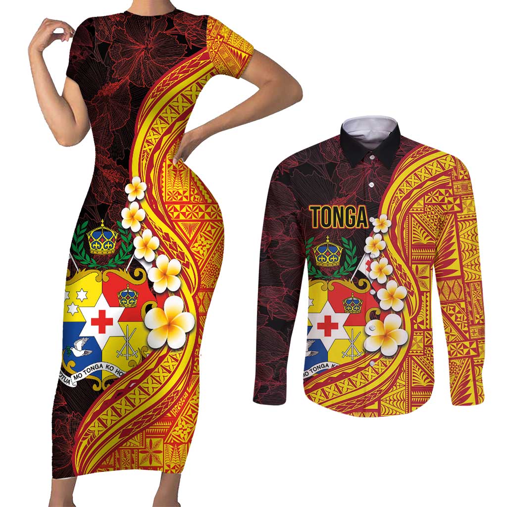 Tonga Culture Couples Matching Short Sleeve Bodycon Dress and Long Sleeve Button Shirt Ngatu Pattern with Plumeria and Hibiscus