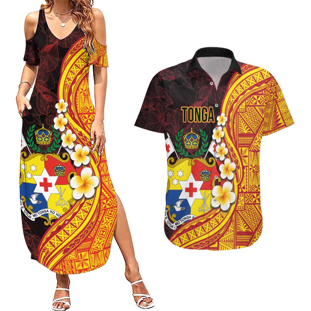 Tonga Culture Couples Matching Summer Maxi Dress and Hawaiian Shirt Ngatu Pattern with Plumeria and Hibiscus