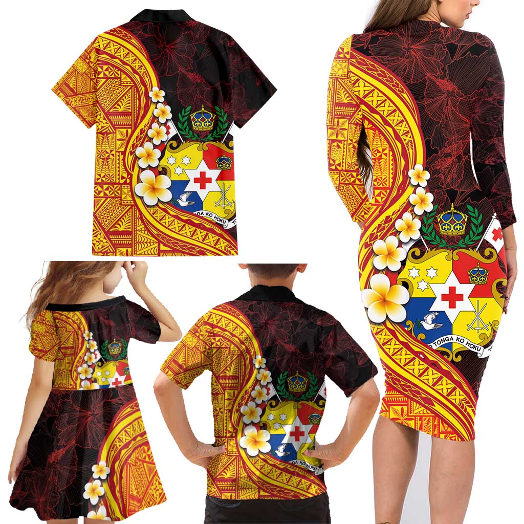 Tonga Culture Family Matching Long Sleeve Bodycon Dress and Hawaiian Shirt Ngatu Pattern with Plumeria and Hibiscus LT03 - Polynesian Pride