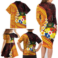 Tonga Culture Family Matching Long Sleeve Bodycon Dress and Hawaiian Shirt Ngatu Pattern with Plumeria and Hibiscus LT03 - Polynesian Pride