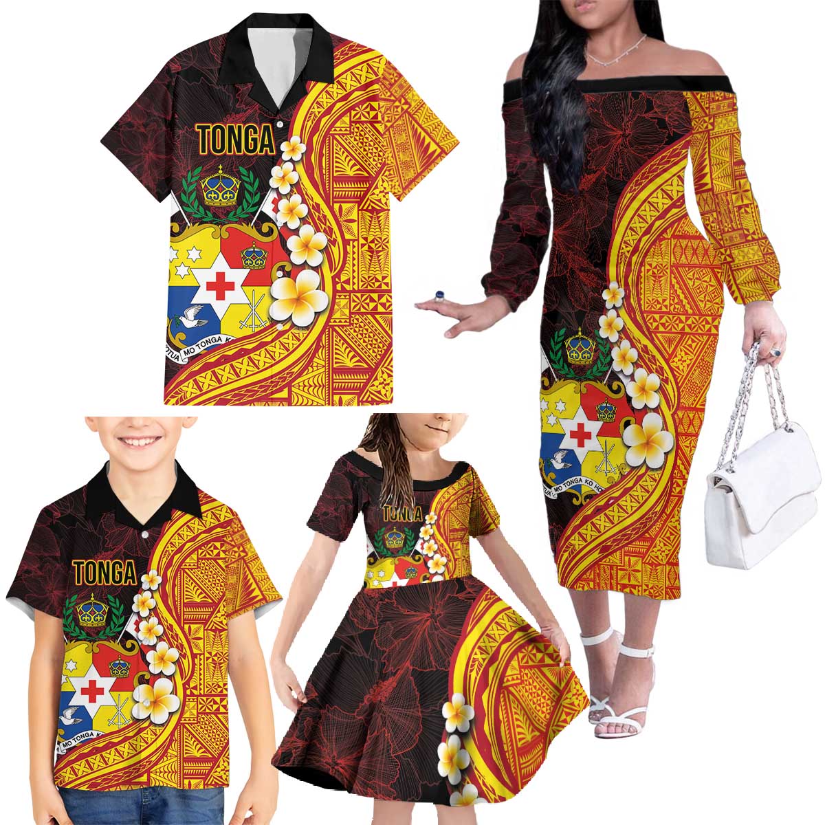 Tonga Culture Family Matching Off The Shoulder Long Sleeve Dress and Hawaiian Shirt Ngatu Pattern with Plumeria and Hibiscus