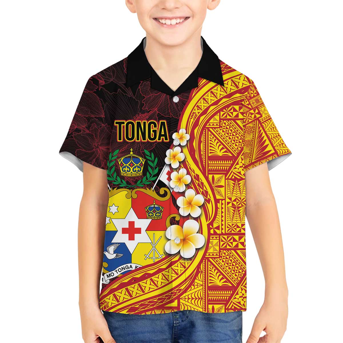 Tonga Culture Family Matching Off Shoulder Short Dress and Hawaiian Shirt Ngatu Pattern with Plumeria and Hibiscus