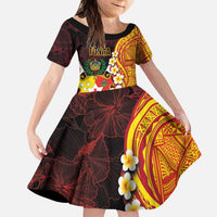 Tonga Culture Family Matching Puletasi and Hawaiian Shirt Ngatu Pattern with Plumeria and Hibiscus LT03 Daughter's Dress Black - Polynesian Pride