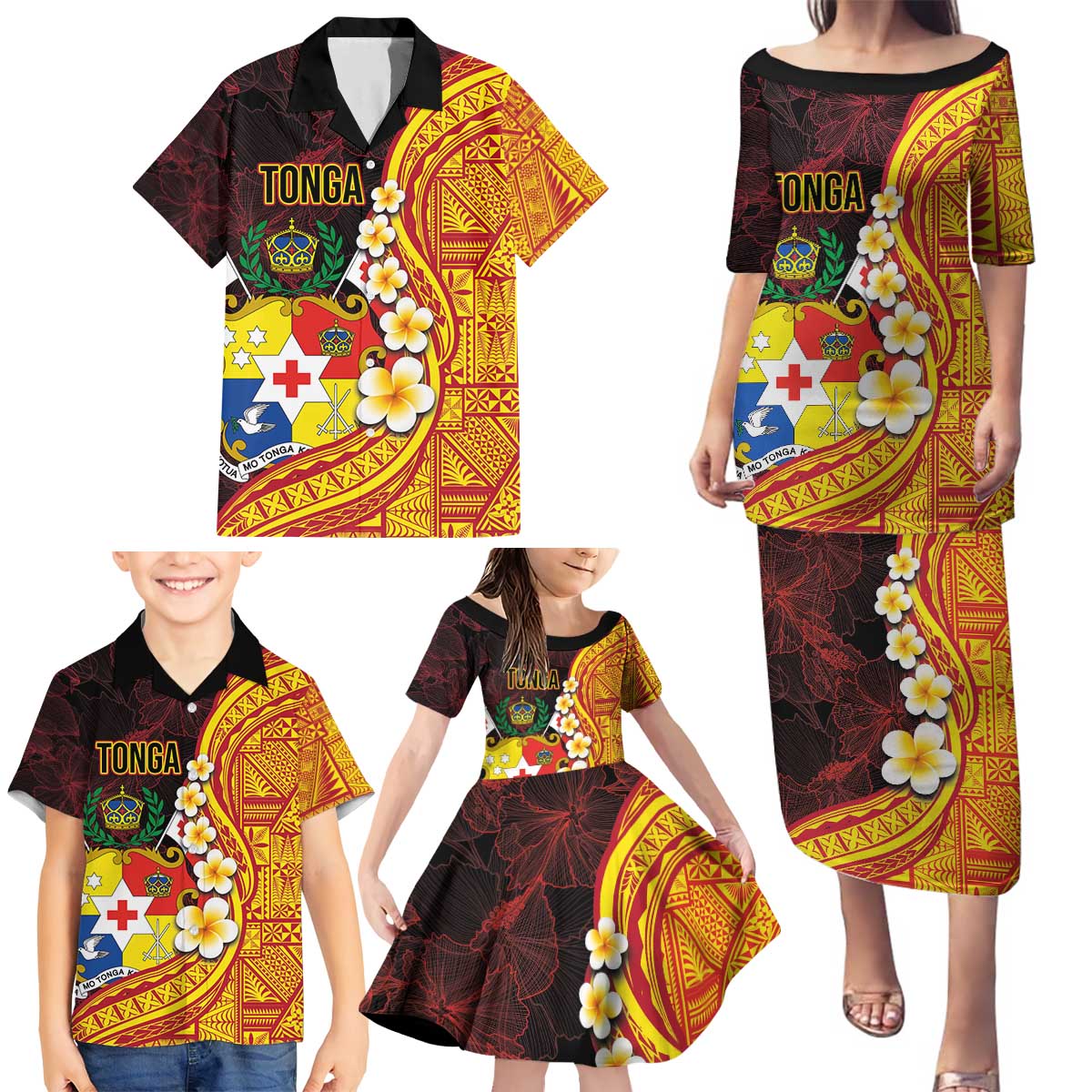 Tonga Culture Family Matching Puletasi and Hawaiian Shirt Ngatu Pattern with Plumeria and Hibiscus