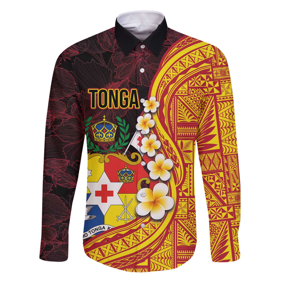 Tonga Culture Family Matching Puletasi and Hawaiian Shirt Ngatu Pattern with Plumeria and Hibiscus LT03 Dad's Shirt - Long Sleeve Black - Polynesian Pride