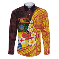 Tonga Culture Family Matching Puletasi and Hawaiian Shirt Ngatu Pattern with Plumeria and Hibiscus LT03 Dad's Shirt - Long Sleeve Black - Polynesian Pride
