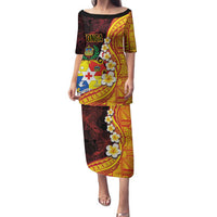 Tonga Culture Family Matching Puletasi and Hawaiian Shirt Ngatu Pattern with Plumeria and Hibiscus LT03 Mom's Dress Black - Polynesian Pride