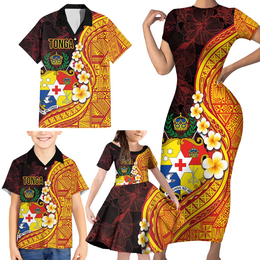 Tonga Culture Family Matching Short Sleeve Bodycon Dress and Hawaiian Shirt Ngatu Pattern with Plumeria and Hibiscus