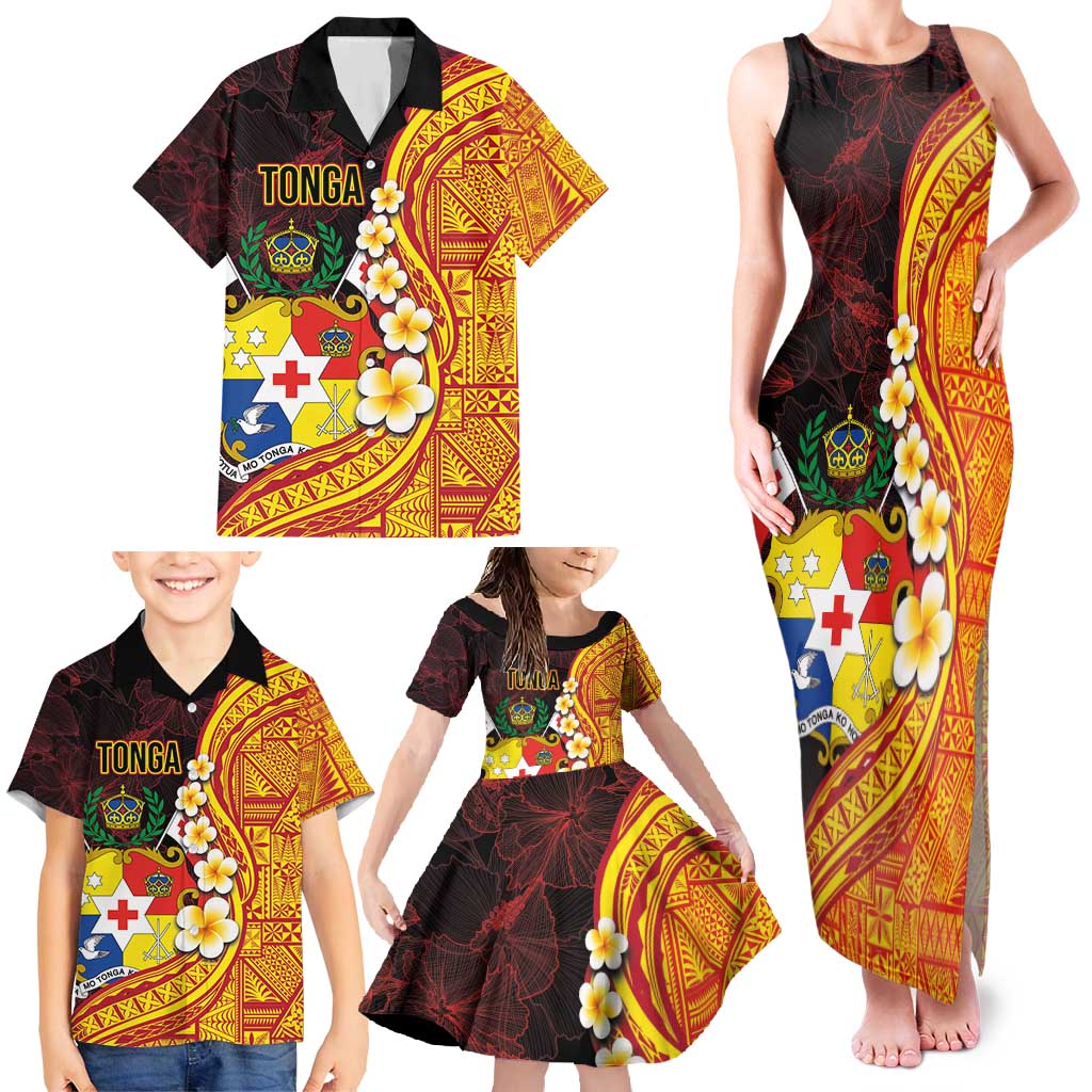 Tonga Culture Family Matching Tank Maxi Dress and Hawaiian Shirt Ngatu Pattern with Plumeria and Hibiscus