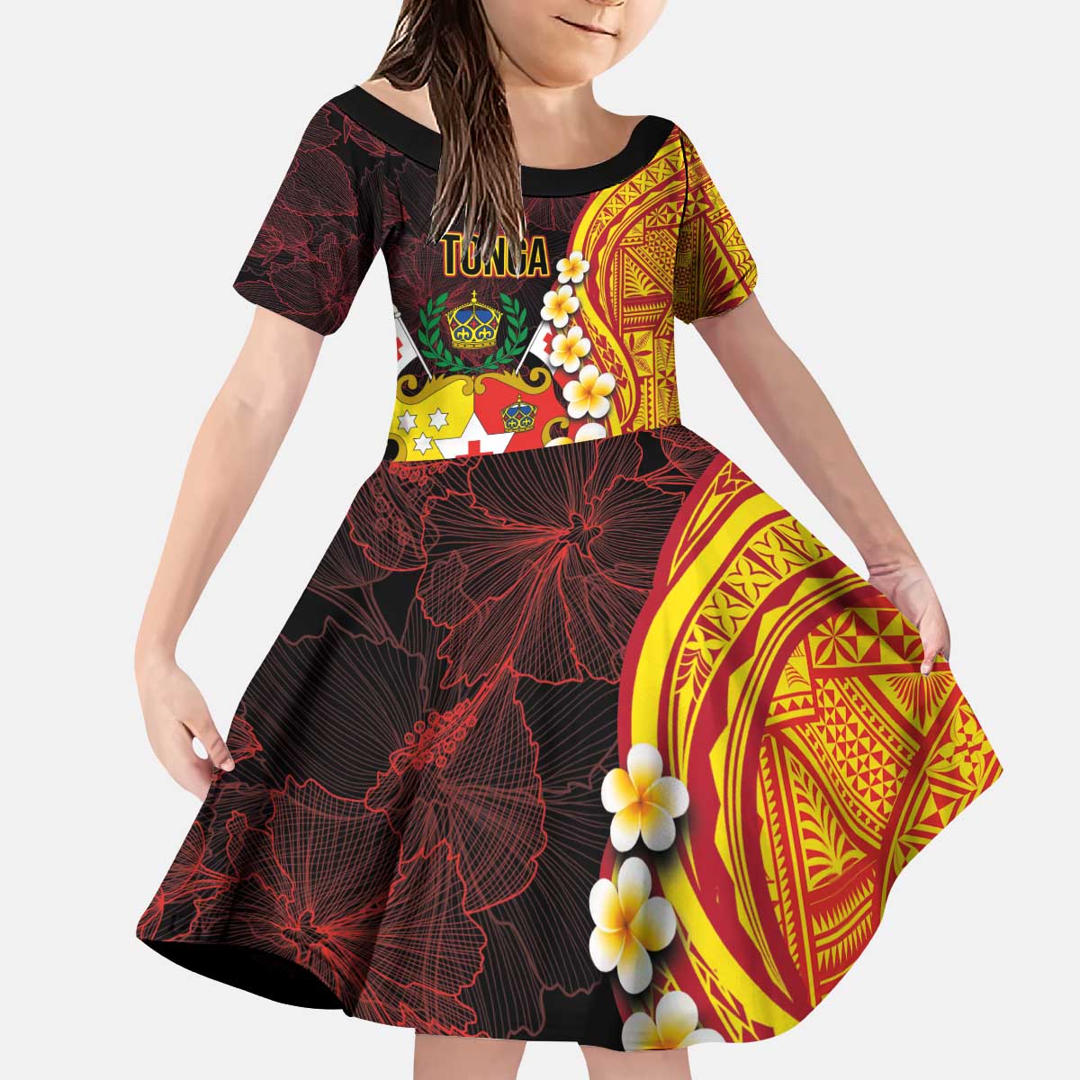 Tonga Culture Kid Short Sleeve Dress Ngatu Pattern with Plumeria and Hibiscus