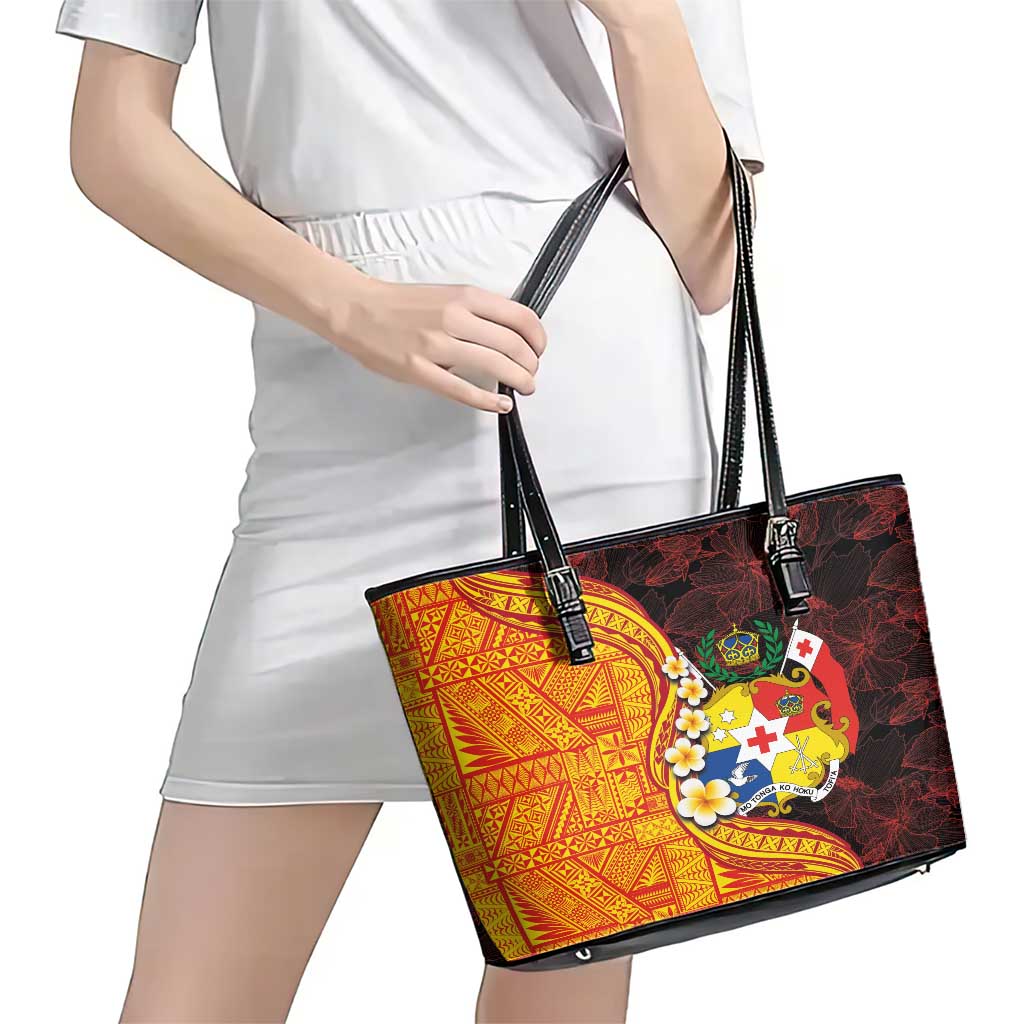 Tonga Culture Leather Tote Bag Ngatu Pattern with Plumeria and Hibiscus