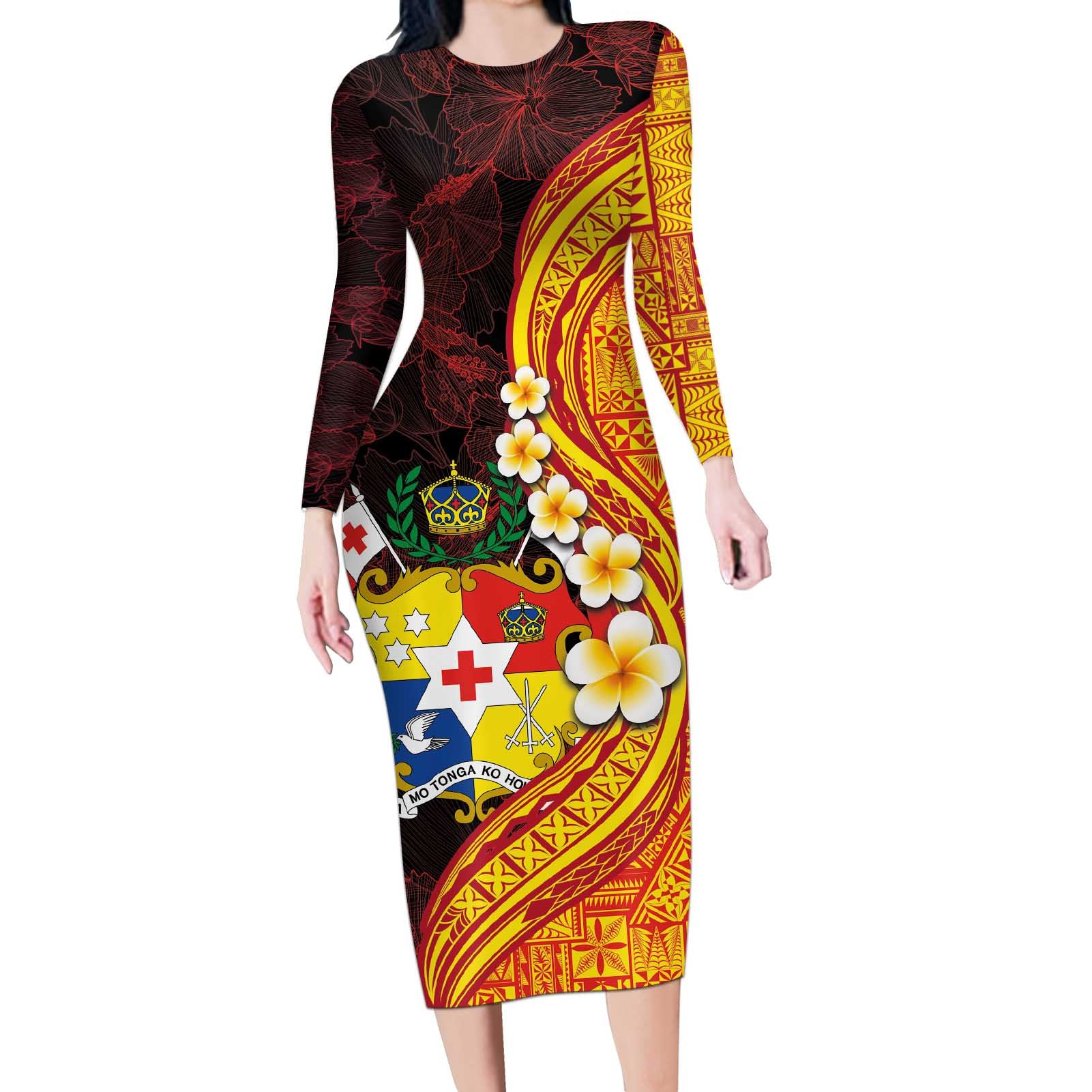 Tonga Culture Long Sleeve Bodycon Dress Ngatu Pattern with Plumeria and Hibiscus