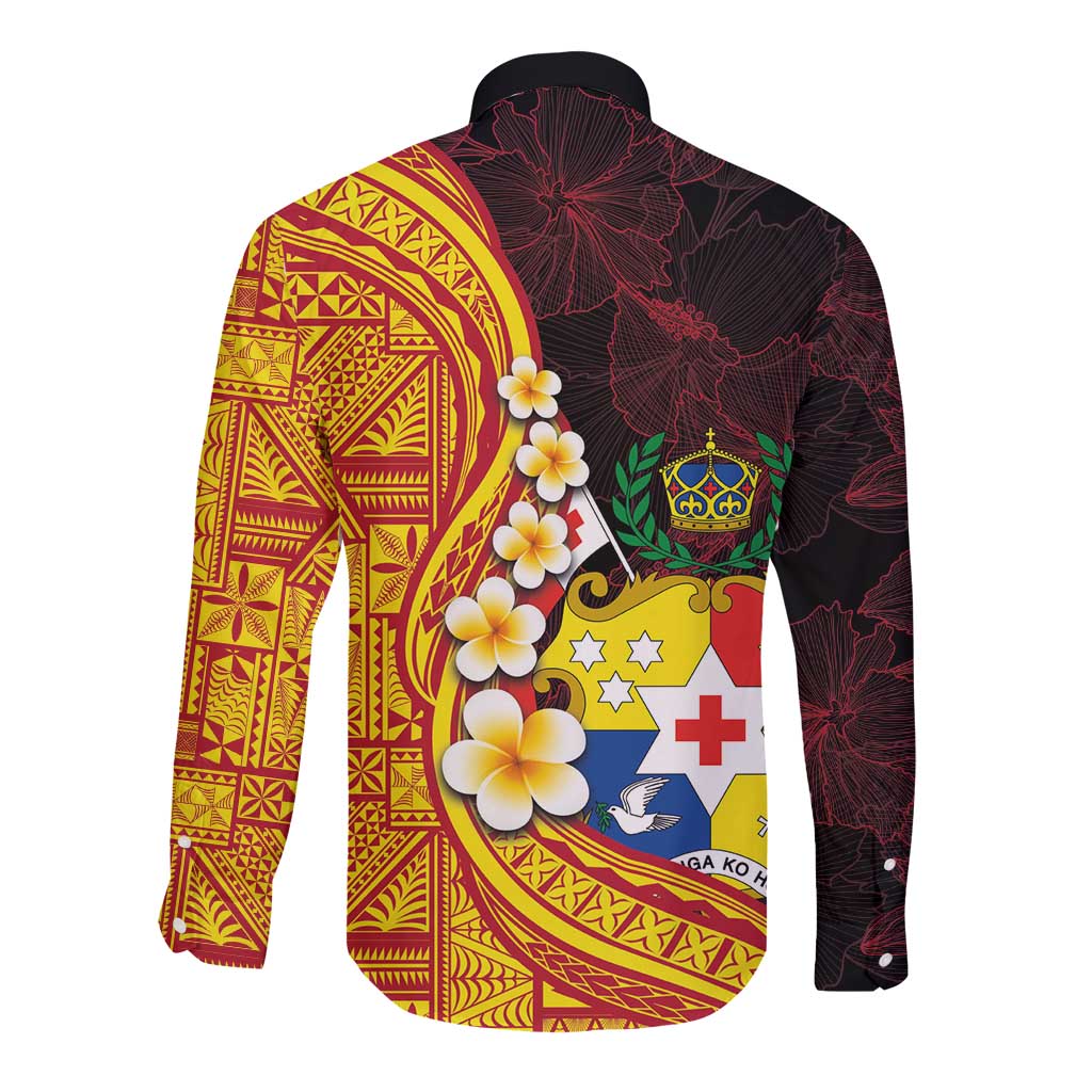 Tonga Culture Long Sleeve Button Shirt Ngatu Pattern with Plumeria and Hibiscus