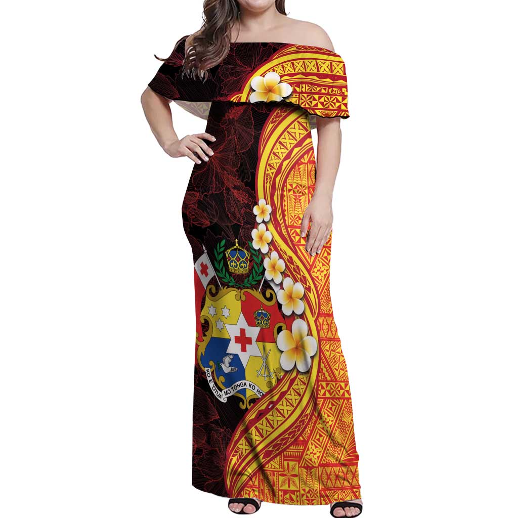 Tonga Culture Off Shoulder Maxi Dress Ngatu Pattern with Plumeria and Hibiscus