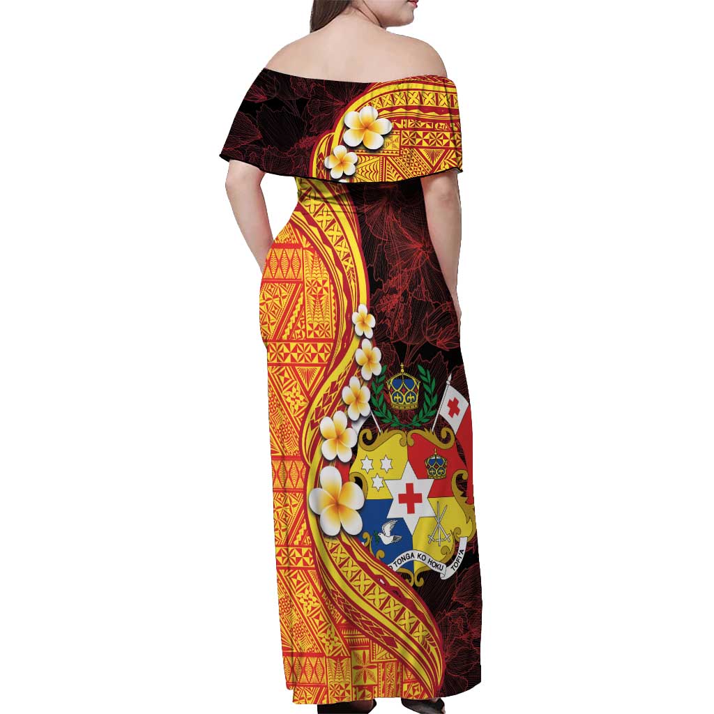 Tonga Culture Off Shoulder Maxi Dress Ngatu Pattern with Plumeria and Hibiscus