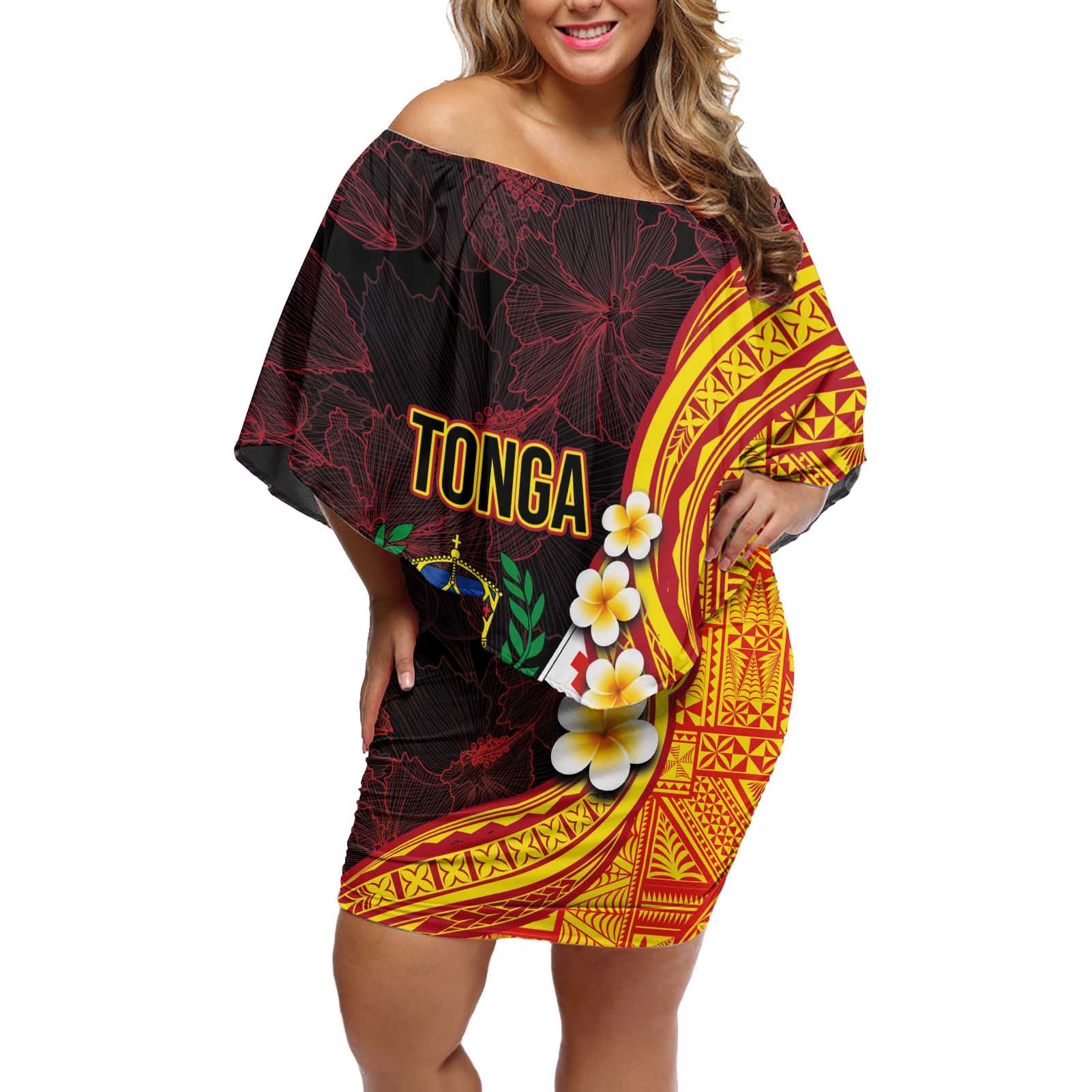 Tonga Culture Off Shoulder Short Dress Ngatu Pattern with Plumeria and Hibiscus