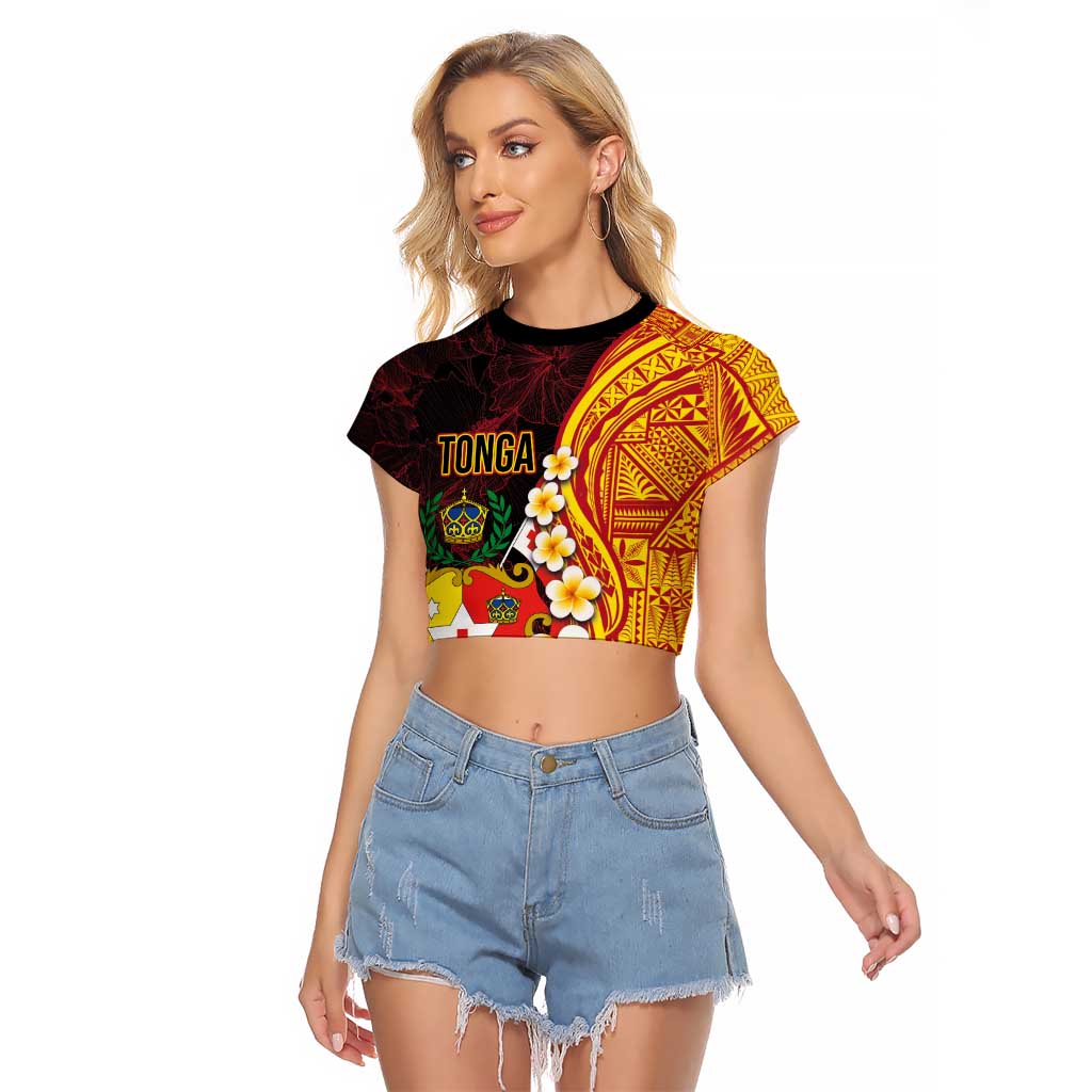 Tonga Culture Raglan Cropped T Shirt Ngatu Pattern with Plumeria and Hibiscus