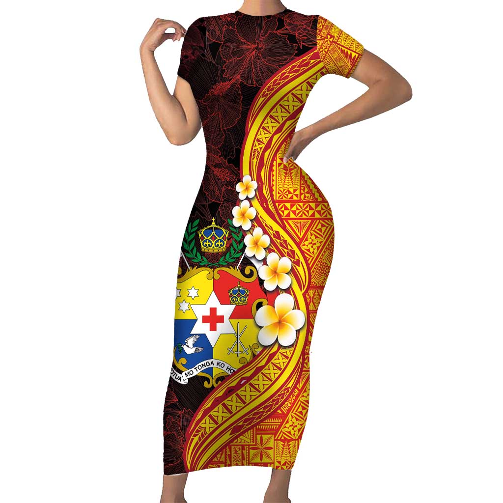 Tonga Culture Short Sleeve Bodycon Dress Ngatu Pattern with Plumeria and Hibiscus