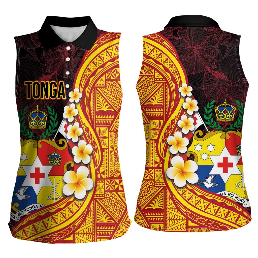 Tonga Culture Women Sleeveless Polo Shirt Ngatu Pattern with Plumeria and Hibiscus