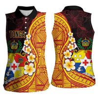 Tonga Culture Women Sleeveless Polo Shirt Ngatu Pattern with Plumeria and Hibiscus