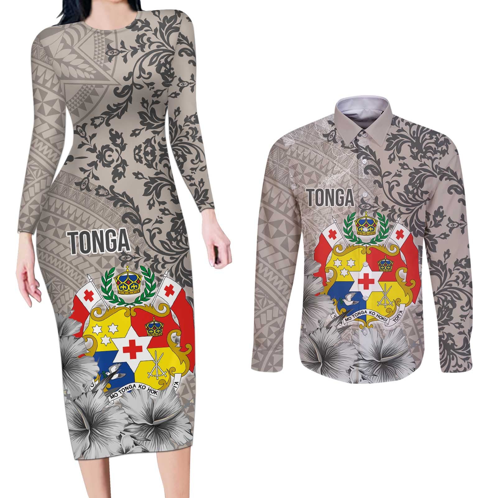 Tonga Culture Couples Matching Long Sleeve Bodycon Dress and Long Sleeve Button Shirt Ngatu Pattern and Blooming Hibiscus