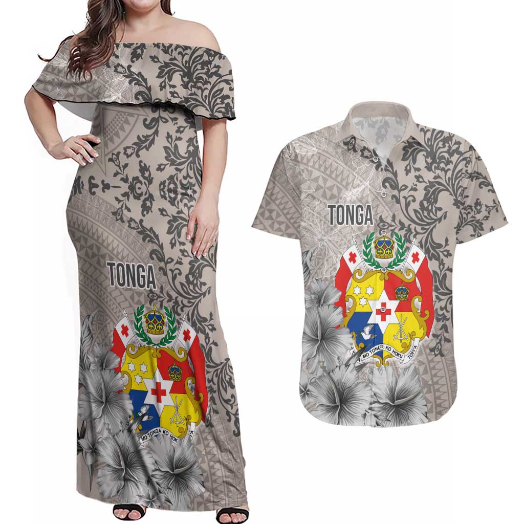 Tonga Culture Couples Matching Off Shoulder Maxi Dress and Hawaiian Shirt Ngatu Pattern and Blooming Hibiscus