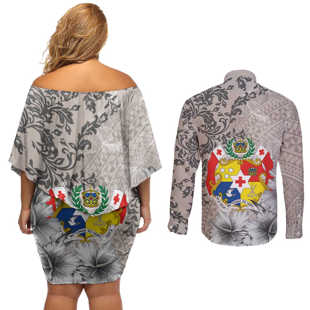 Tonga Culture Couples Matching Off Shoulder Short Dress and Long Sleeve Button Shirt Ngatu Pattern and Blooming Hibiscus
