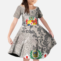 Tonga Culture Family Matching Long Sleeve Bodycon Dress and Hawaiian Shirt Ngatu Pattern and Blooming Hibiscus LT03 Daughter's Dress Light Gray - Polynesian Pride