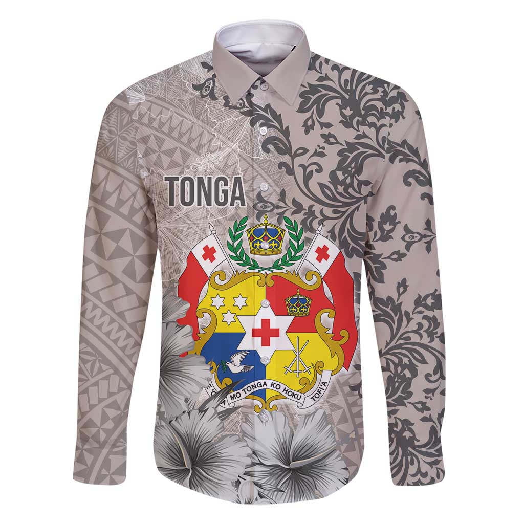 Tonga Culture Family Matching Long Sleeve Bodycon Dress and Hawaiian Shirt Ngatu Pattern and Blooming Hibiscus LT03 Dad's Shirt - Long Sleeve Light Gray - Polynesian Pride