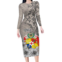 Tonga Culture Family Matching Long Sleeve Bodycon Dress and Hawaiian Shirt Ngatu Pattern and Blooming Hibiscus LT03 Mom's Dress Light Gray - Polynesian Pride